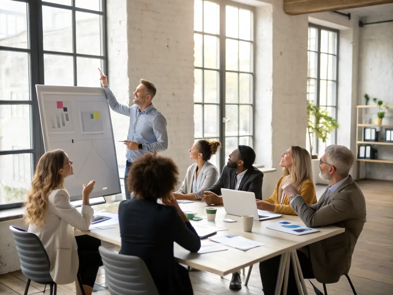 A coach is leading a workshop for wedding business owners, focusing on digital marketing strategies. The setting is a modern co-working space, and the participants are actively engaged in the session.