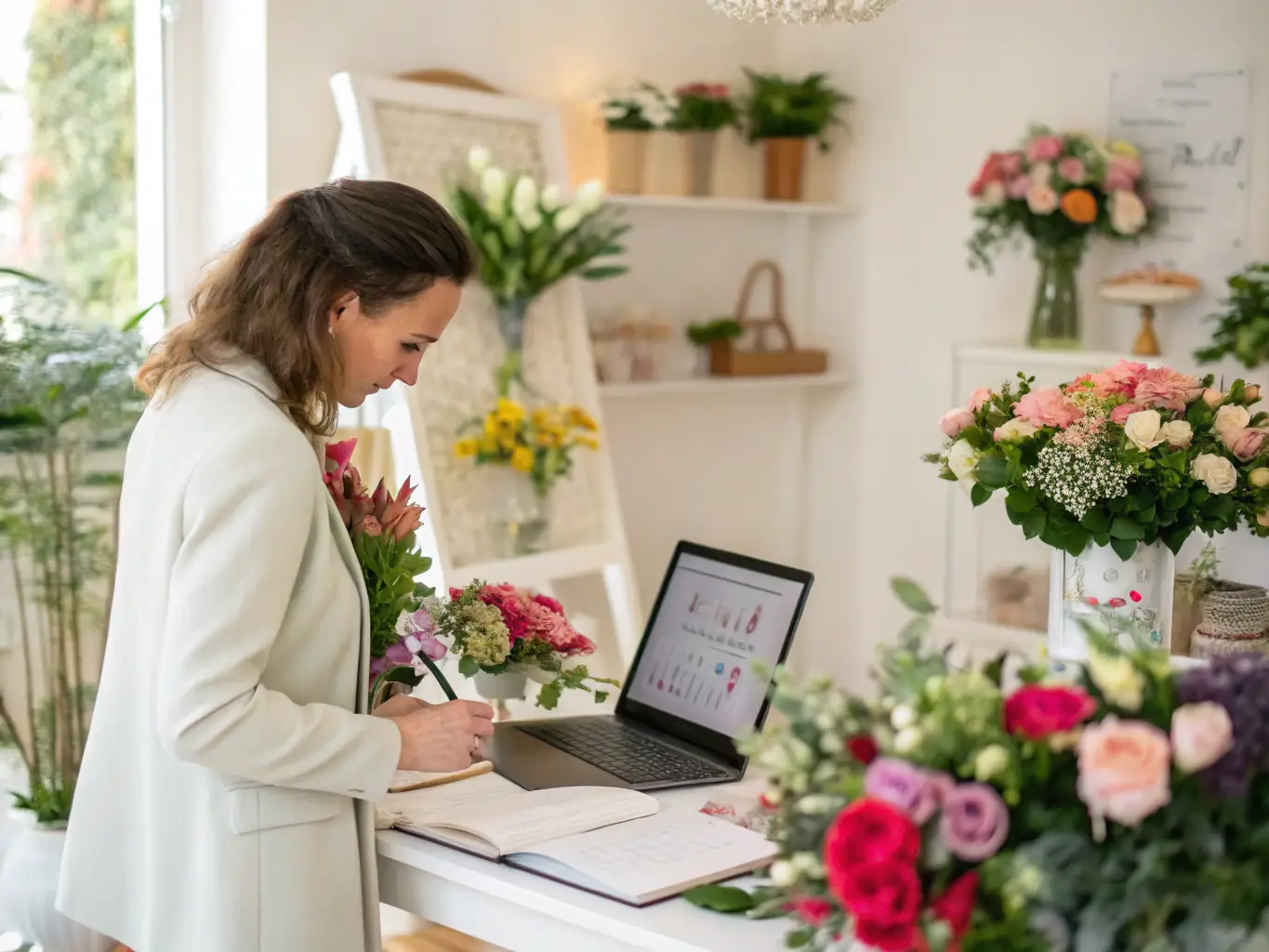 A professional wedding planner is reviewing a detailed checklist with a bride and groom in a modern, brightly lit office. The scene conveys organization, attention to detail, and personalized service.